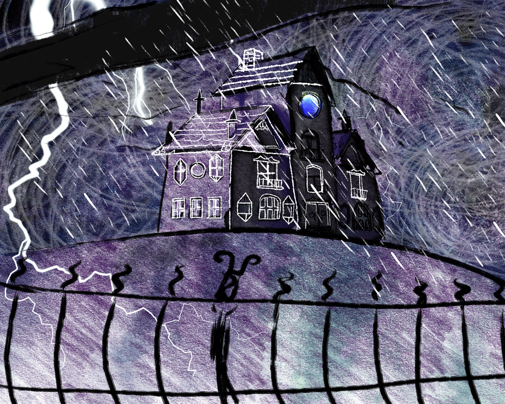 crooked house old mansion abandoned rain weather illustration children book aumen lightning