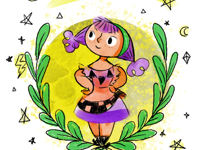 witch girl magic halloween pagan pumpkin cute kids children picture book purple star moon aumen kinder kinderboek kinderboeken tekenaar illustratie engels nederland
