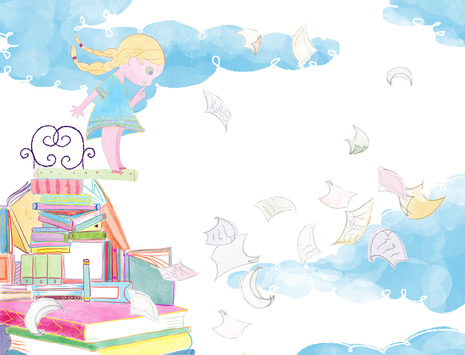 books, illustration, fall, pages, girl, adventure, color, child, children, literature, picturebook, picture, clouds, colorful